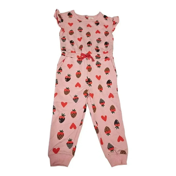 4T Toddler Girls Chocolate Strawberry Romper with Short Sleeves and POCKETS - Picture 1 of 11
